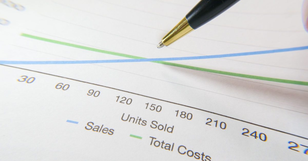A pen pointing at a printed line chart that plots sales against total costs by units sold